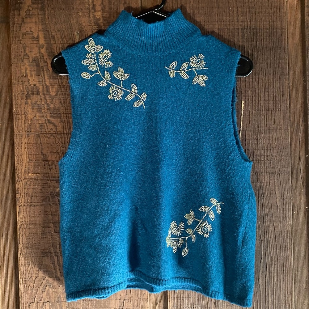 Zara Wool Blend Vest Sweater Blue Top Blue Beadeds Size Medium
